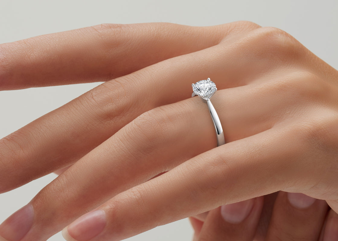 Plain Band Solitare Round Cut Moissanite 10k/18k White Gold or 950 Platinum